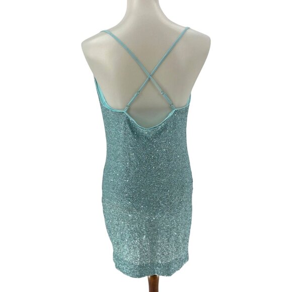 Susana Monaco Aqua Sequin Mini Dress Cowl Neck Crisscross Straps Size S, NWOT - Picture 4 of 8